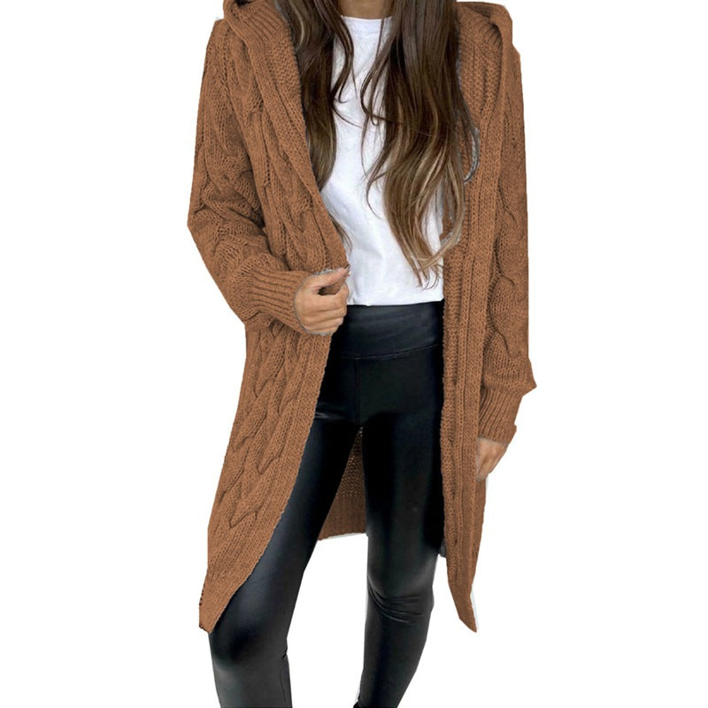 Mid-length Solid Color Twist Hooded Knit Knitwear