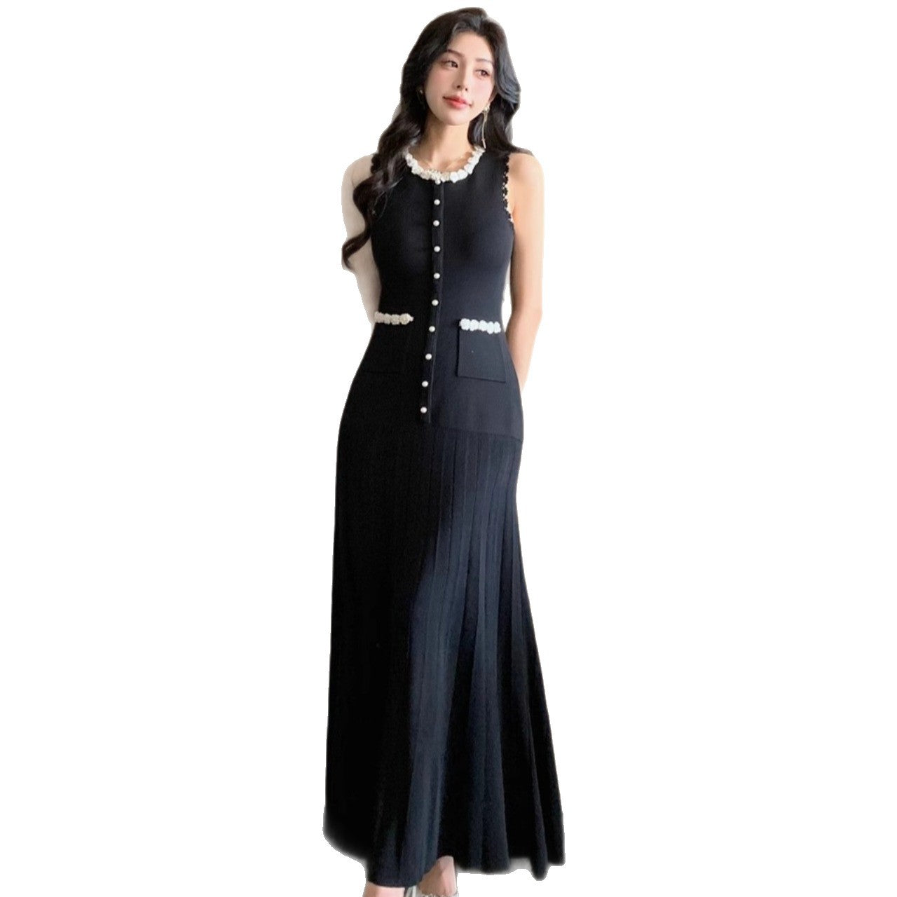 Women's Crocheting Contrast Color French Dress Sleeveless Clothing