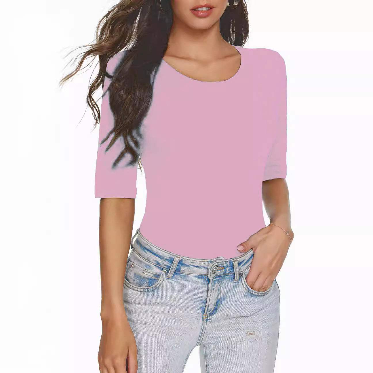 Half Sleeve Shirt Solid Basic Slim Blouses