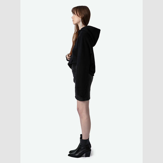 Women's Winter French Niche Wings Rhinestone Sleeves Printed Fleece Black Sweaters