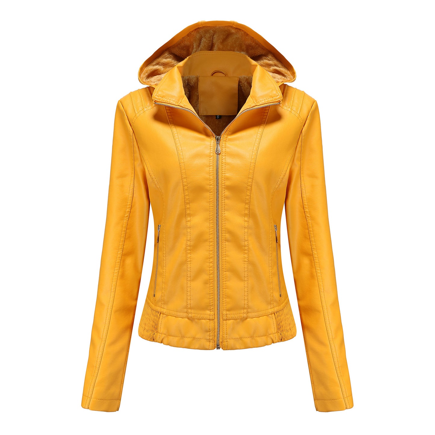 Women's Leather Detachable Hat Zipper Fleece-lined European Jackets