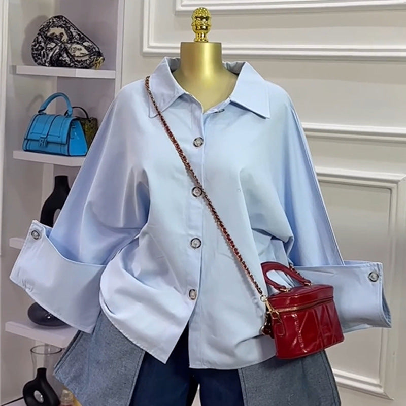 Women's Fashion High-grade Lapel Loose Blue Long Blouses