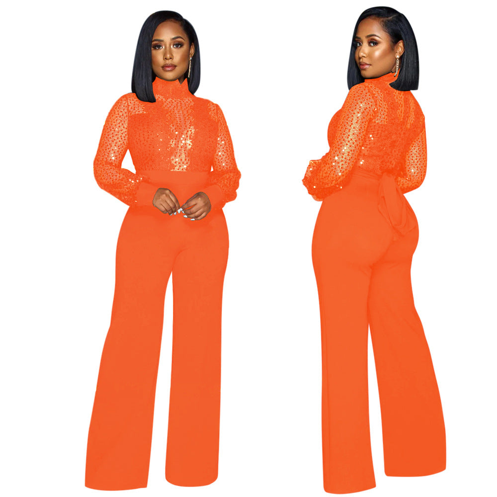 Women's Party Style Turtleneck Sequin Lace Long Pants