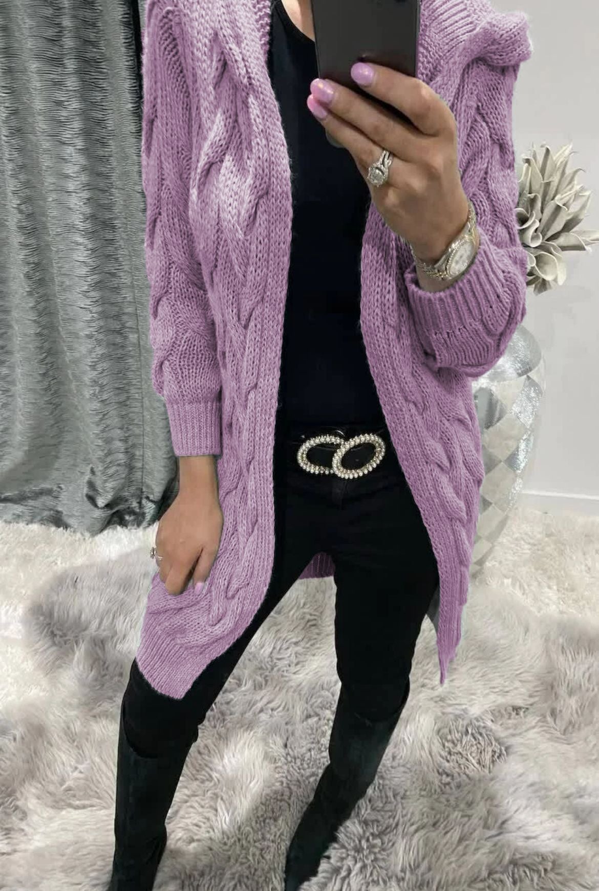 Women's Long Hooded Knit Twisted Sleeve Solid Knitwear