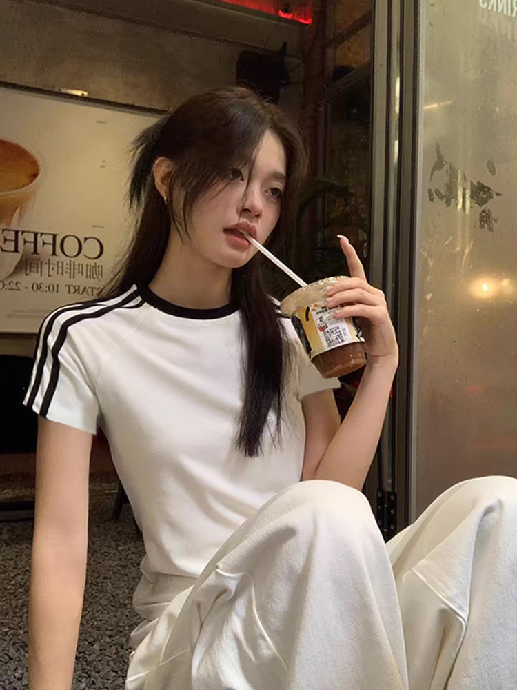 Women's Style Trendy Three Bars Contrast Color Short-sleeved Blouses