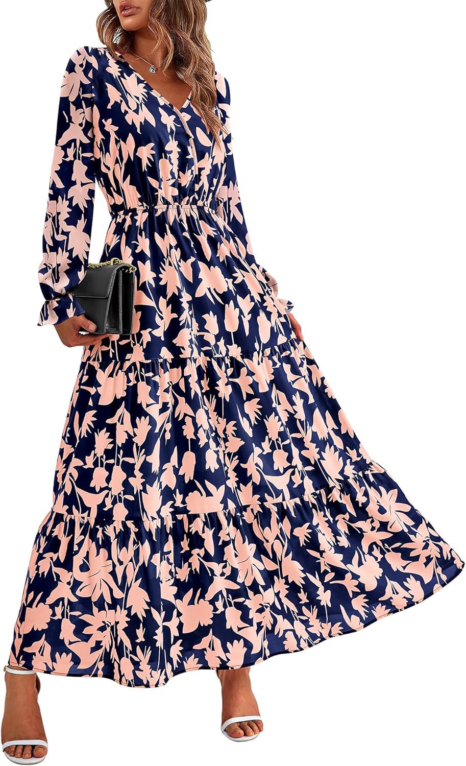 Women's Collar Elastic Waist Printed Casual Long Dresses