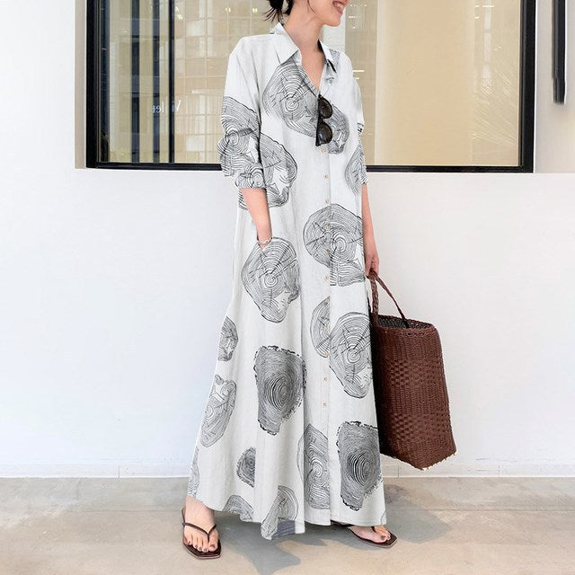 Muslim Cotton Linen Printing Lapel Long Sleeve Simple Dresses