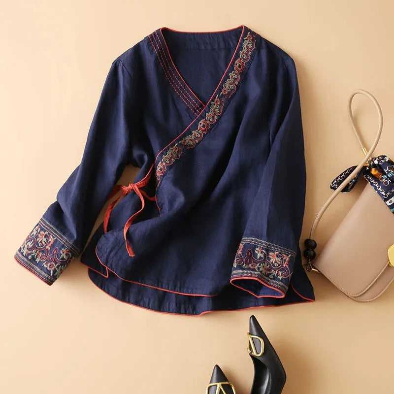 Women's Cotton Linen Diagonal Embroidered Artistic Retro Loose Improved Blouses