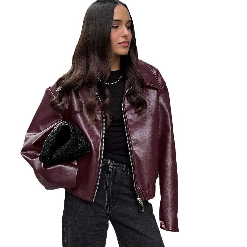 Women's Locomotive Style Leather Baggy Fashion Overcoat Jackets