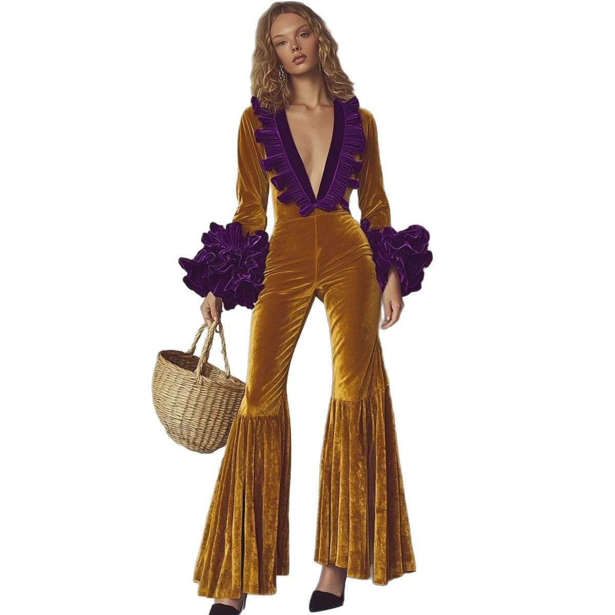 Women's Patchwork Long Sleeve Casual Party Trousers Jumpsuits