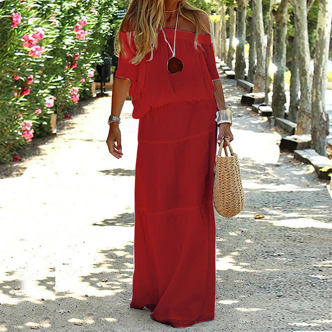 Casual Solid Color Elastic Waist Sleeve Dresses