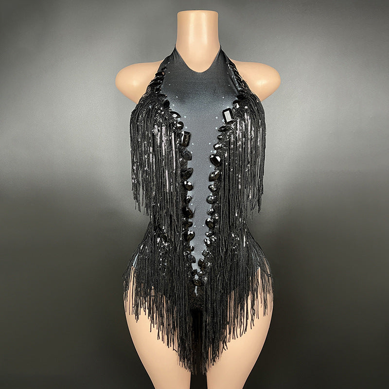 Shining Diamond Tassel Round Neck Elegant Jumpsuits