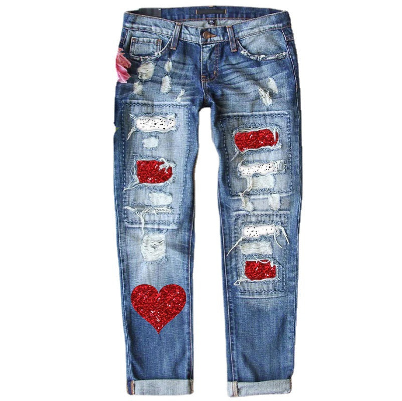 Women's Valentine's Day Printed Large Casual Jeans