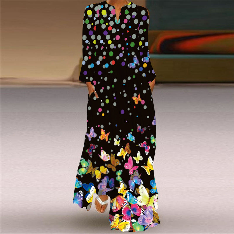Women's Long Dress Sleeve Pocket Printed Loose Dresses