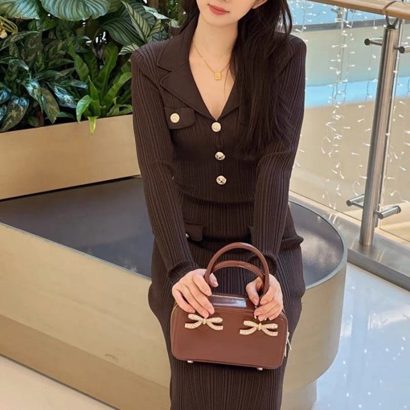 Collar Gold Buckle Vertical Stripes Long Fish Dresses