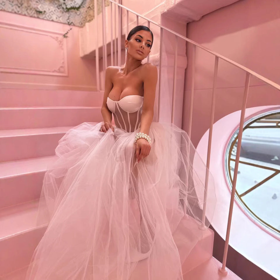 Fishbone Tube Dress Elegant Mesh Long Dresses