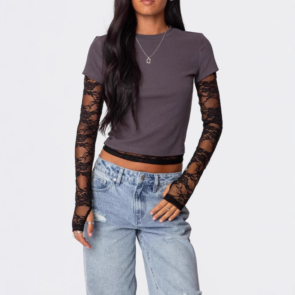Women's Stitching Sleeves Fake Two-piece Long Sleeve Blouses