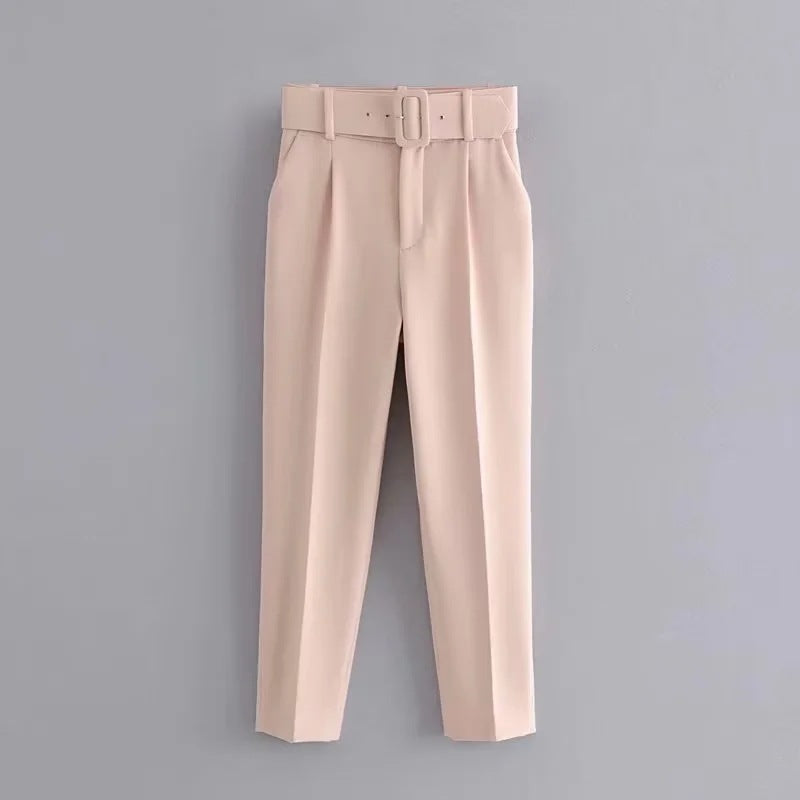 Women's European Spring With Belt Pure White Pants