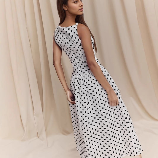 Women's European Style Retro Sleeveless Polka-dot Long Dress Dresses