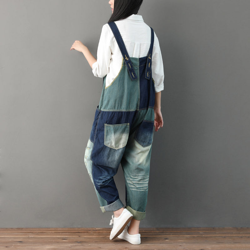 Worn Color Matching Ripped Female Overalls Jeans