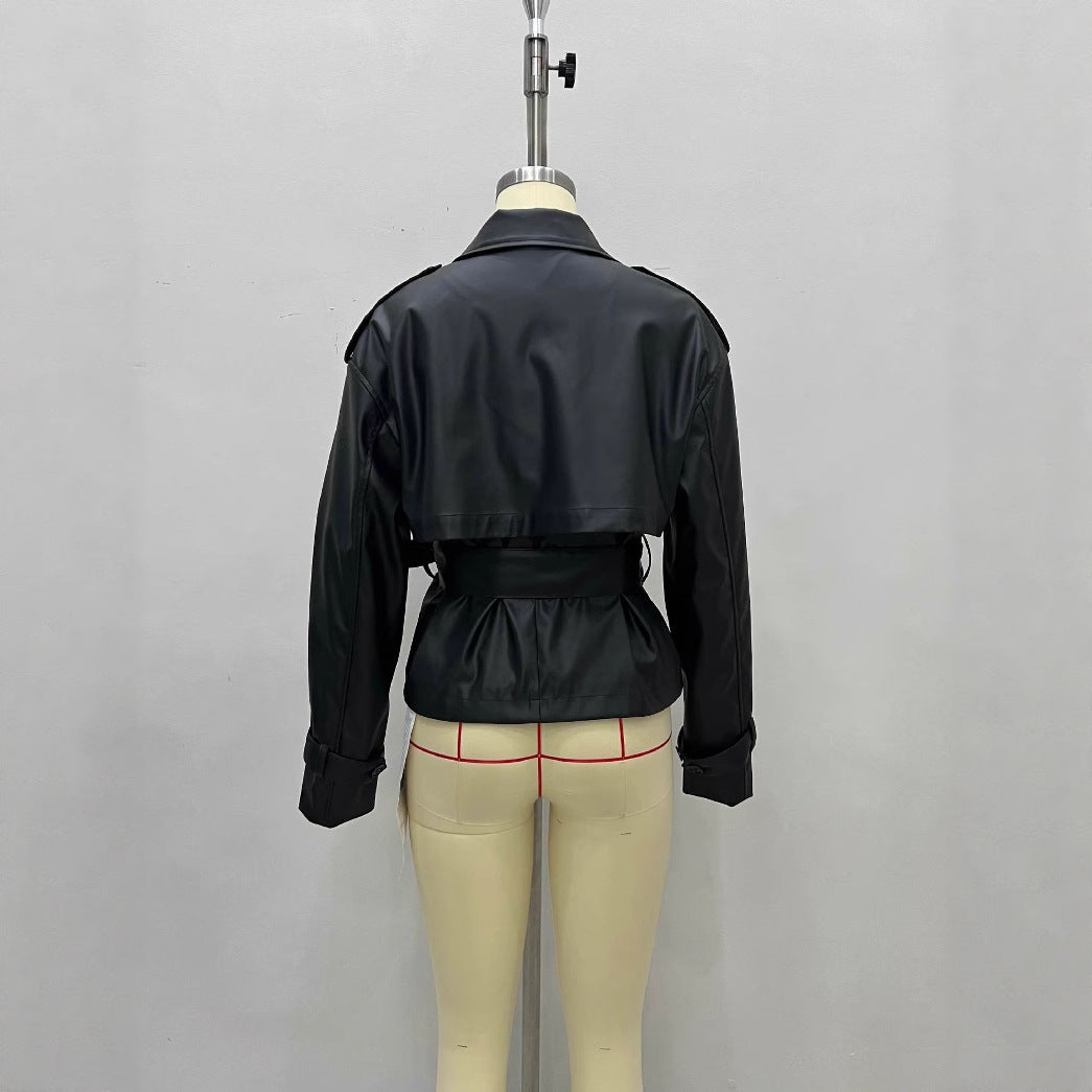 Women's Leather Belt Waist Slim Fit Street Jackets