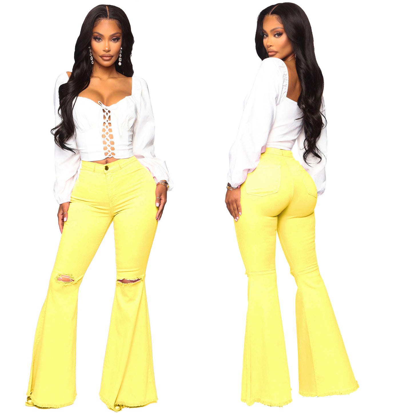Fashion Wide Leg Knee Ripped Denim Jeans