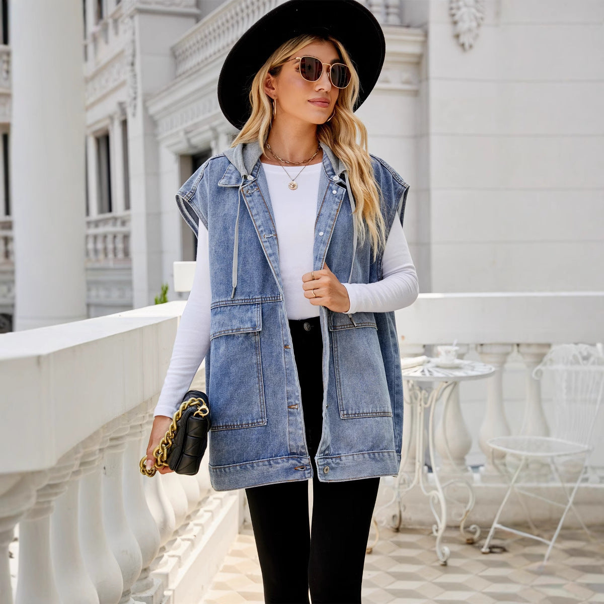 Women's Denim Waistcoat Fashion Trendy Sleeveless Hooded Vests
