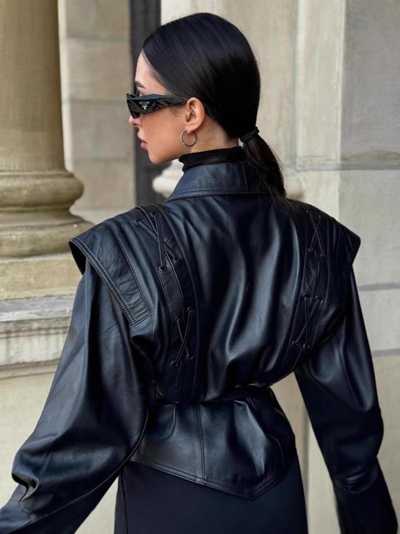Women's Winter Retro Lace Up Leather Casual Jackets
