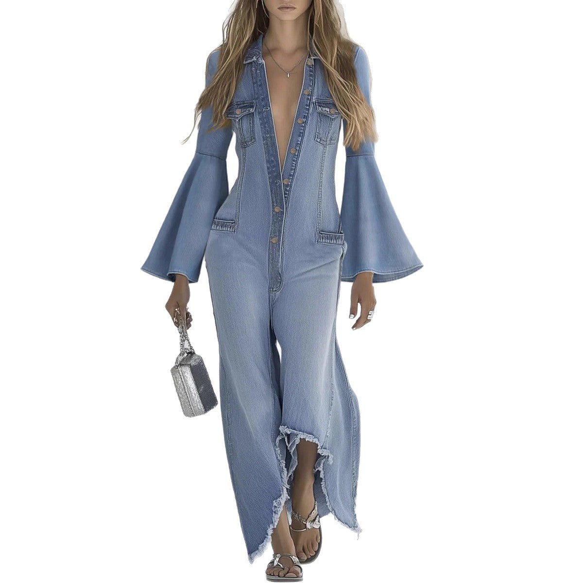Women's Loose Solid Color Casual Single-breasted Denim Jumpsuits