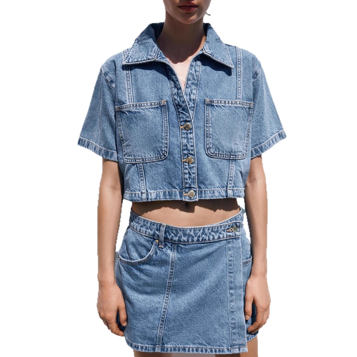 Denim Shirt Culottes Fashion Two-piece Summer Blouses