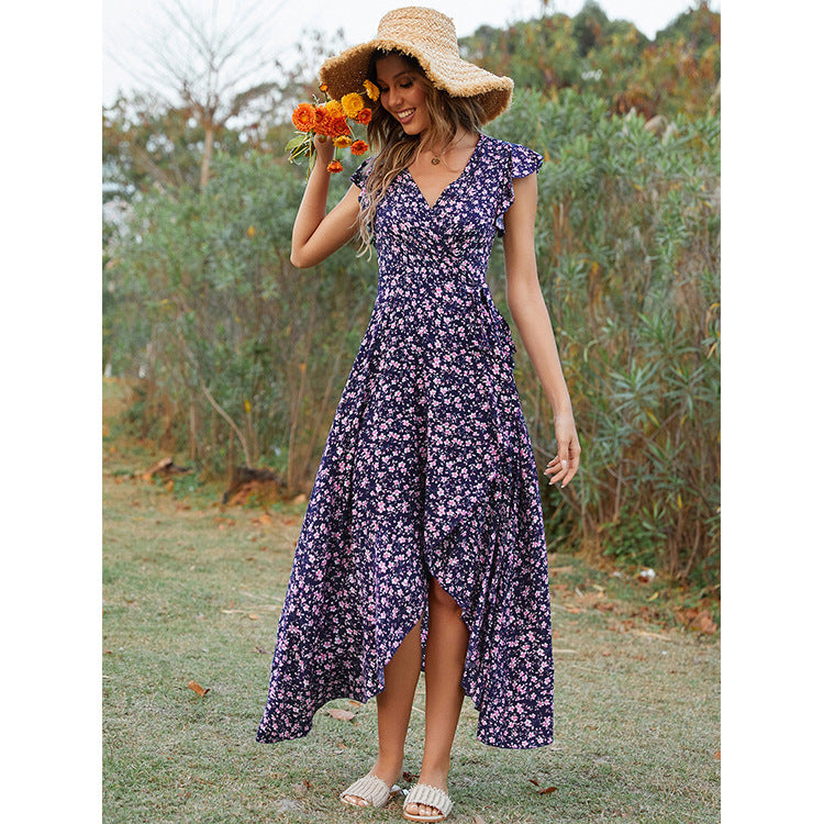 Summer Vacation Rayon Floral Ruffled Sleeve Fishtail Dresses