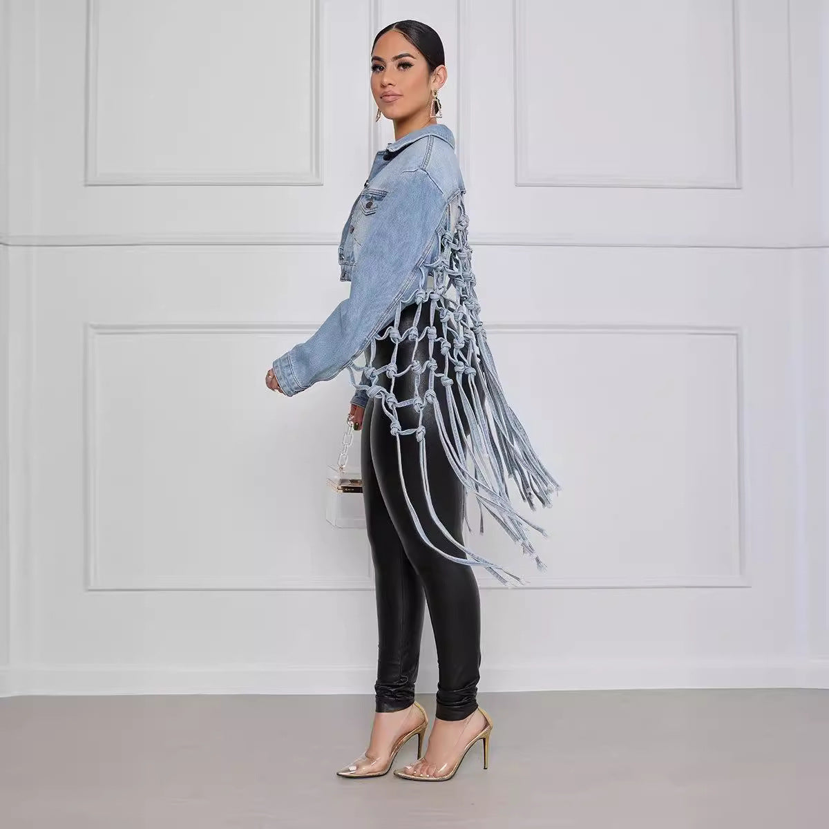 Classy Back Mesh Tassel Denim Female Jackets