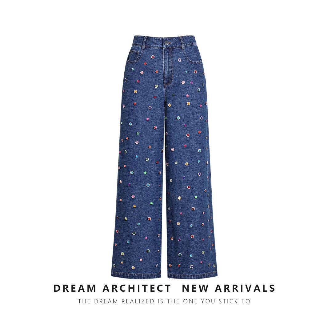 Women's Personalized Denim Two-piece Beaded Trousers Loose Jackets