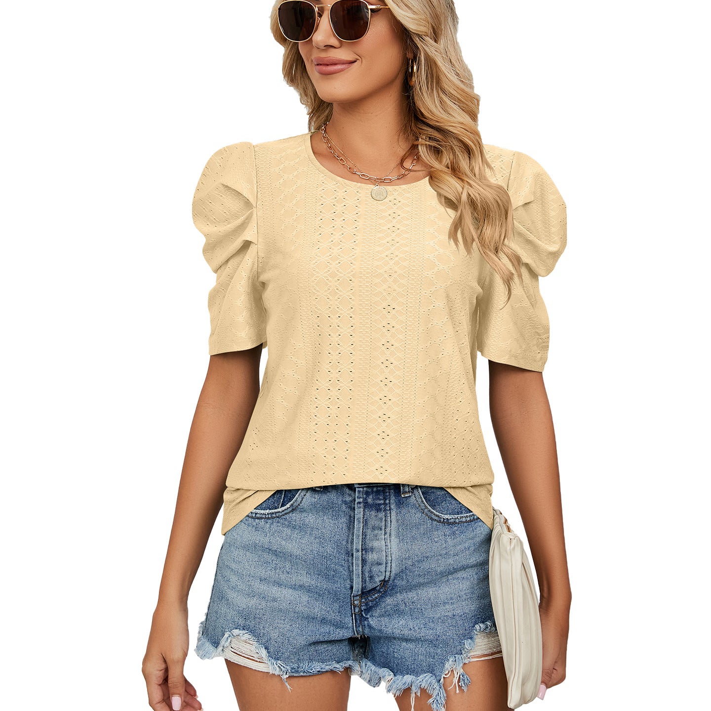 Solid Color Round Neck Pleated Loose-fitting Tops