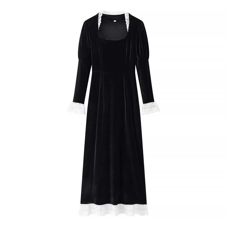 Retro Cinched Black Dress Winter Long Skirts