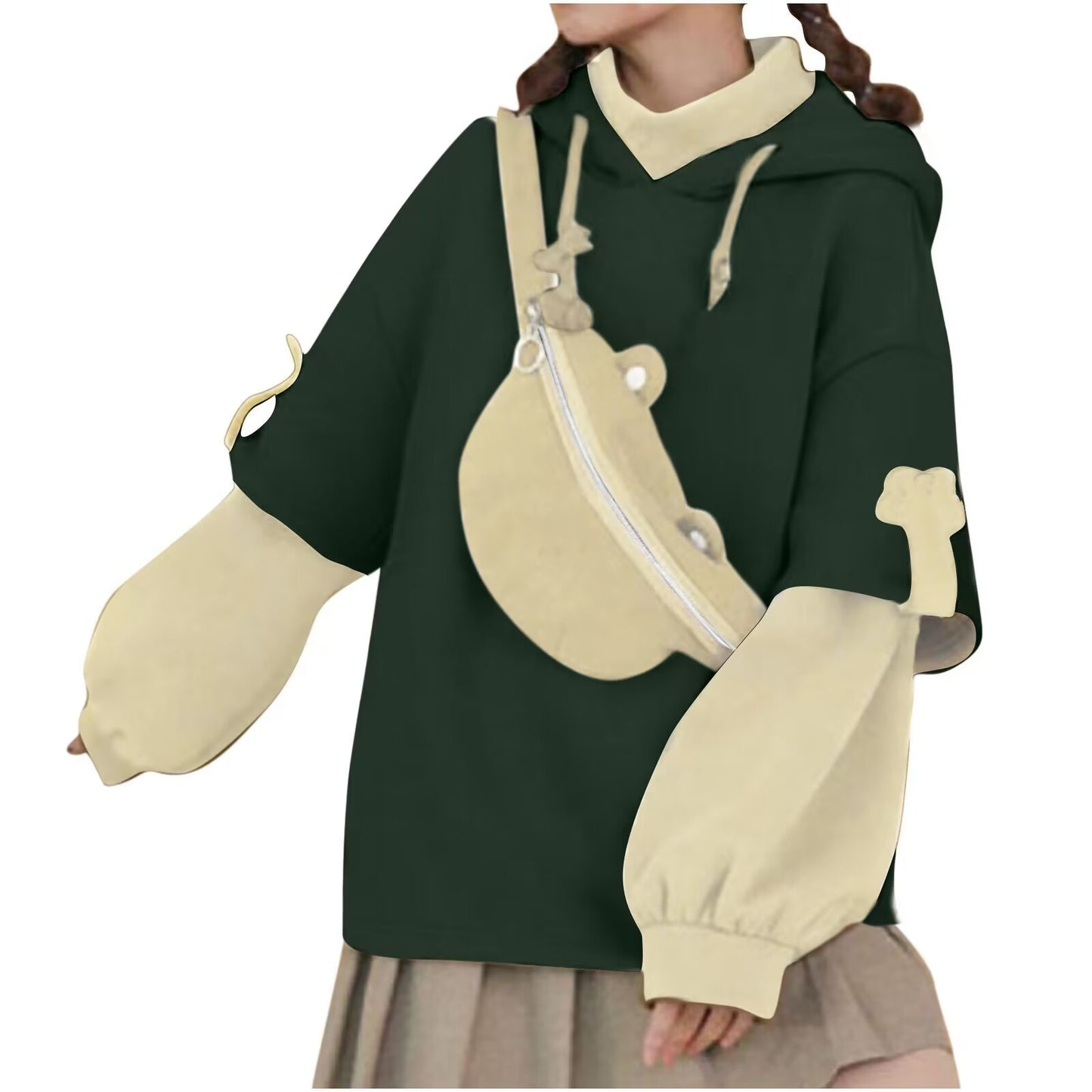 Women's Fleece Pullover Hooded Bag Color Matching Sweaters