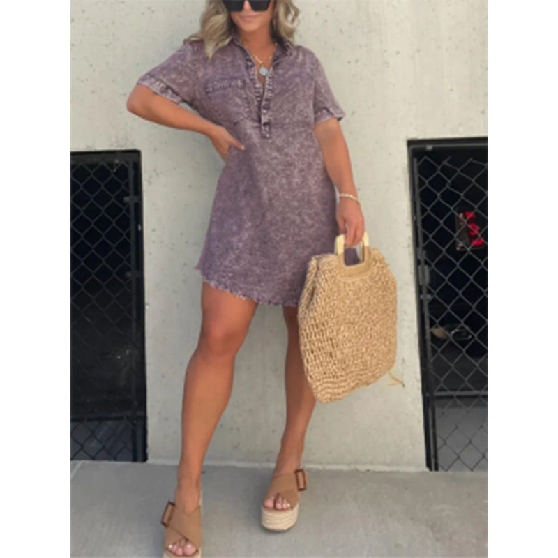 Summer Shirt Collar Denim Tassel Hem Dresses