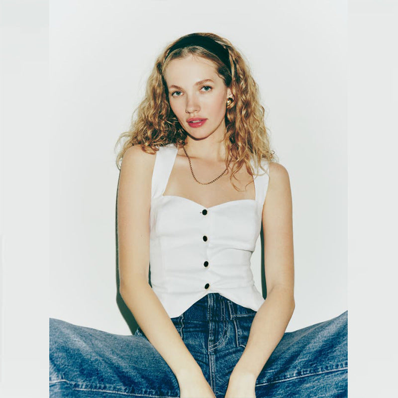 Women's Color Square Collar Linen Single-breasted Slim Vests