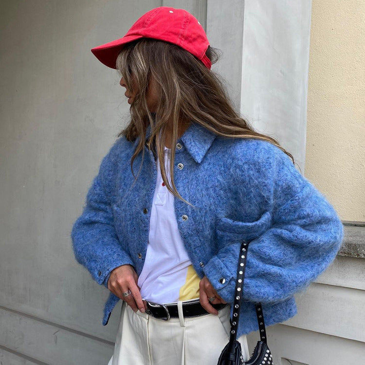 Women's Winter Klein Blue Lapel Long-sleeved Woolen Jackets