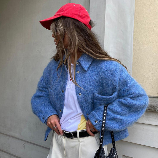 Women's Winter Klein Blue Lapel Long-sleeved Woolen Jackets