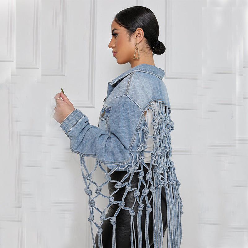 Knitted Belt Denim Blue Washed Loose Jackets