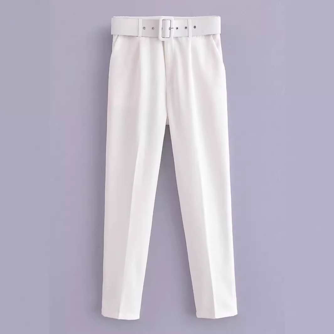 Women's European Belt With Spring Pure White Pants