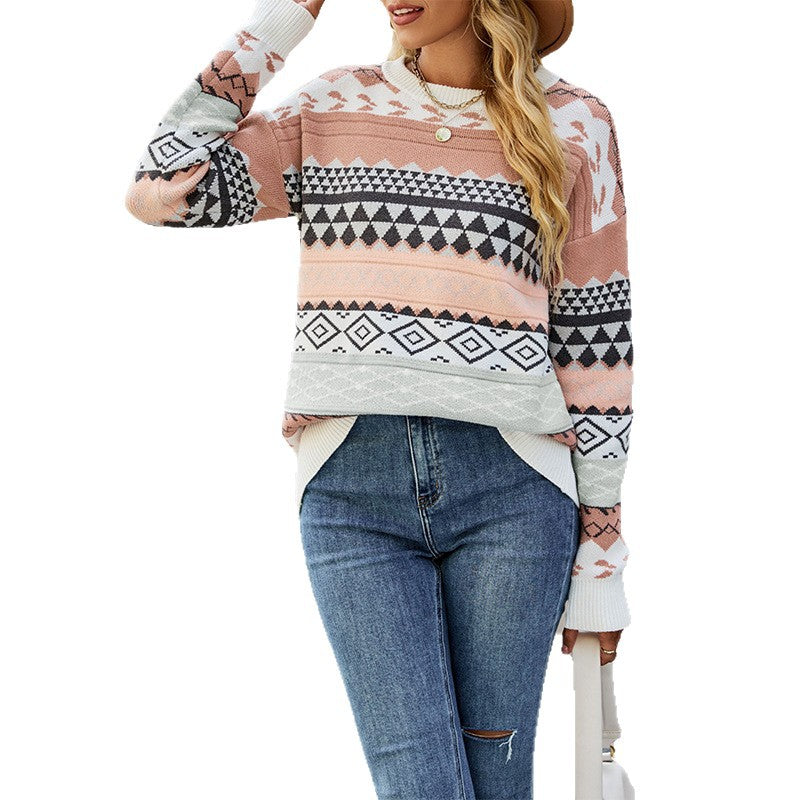 Women's Pattern Rhombus Jacquard Mosaic Pullover Vintage Sweaters