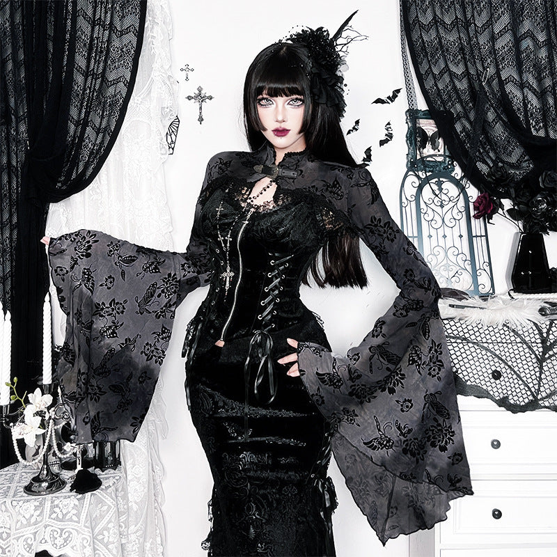 Women's Dark Gothic Style Flocking Pattern Shawl Blouses
