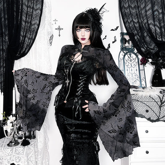 Women's Dark Gothic Style Flocking Pattern Shawl Blouses