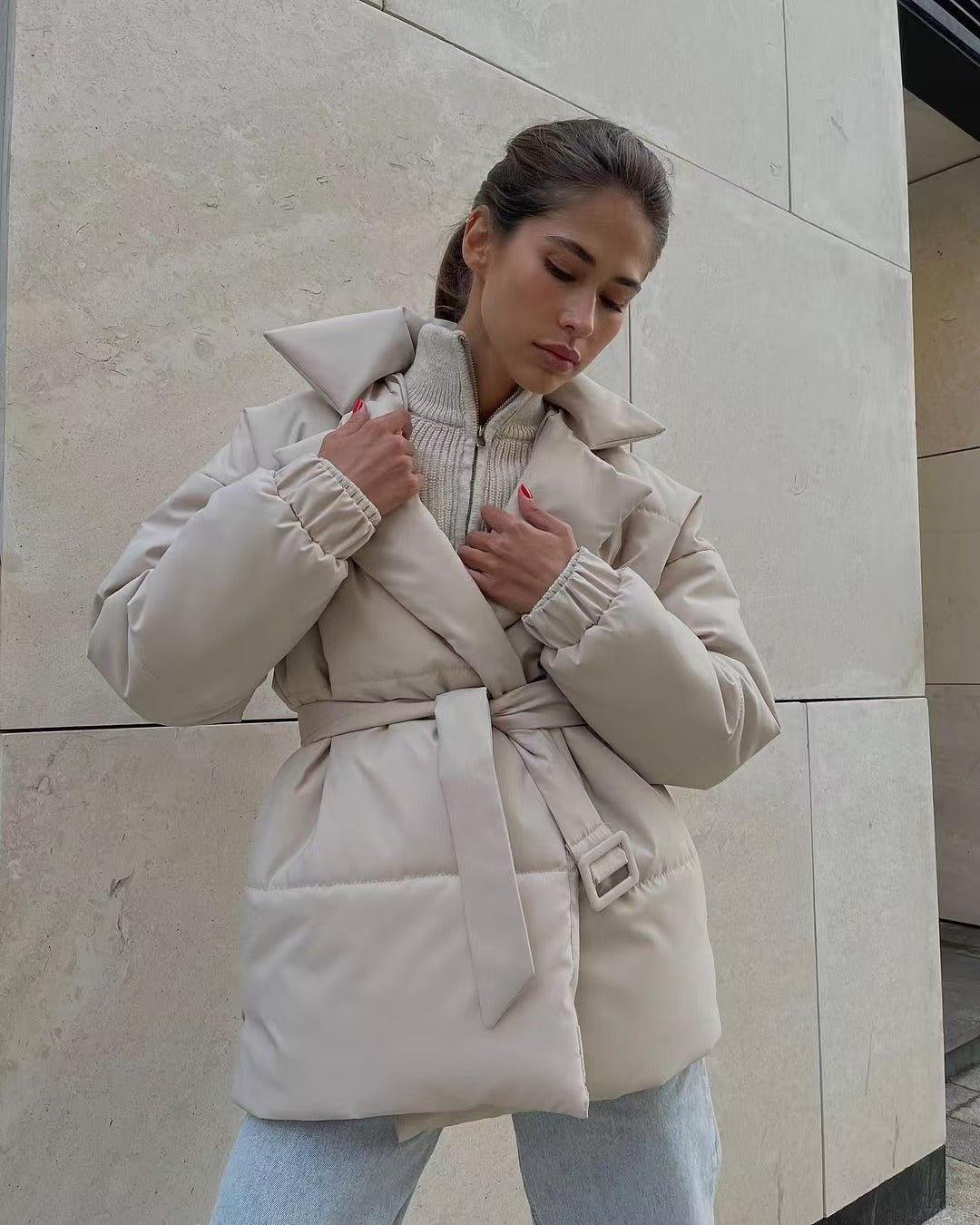 Women's Solid Color Long-sleeved Cotton Thickened Pocket Coats