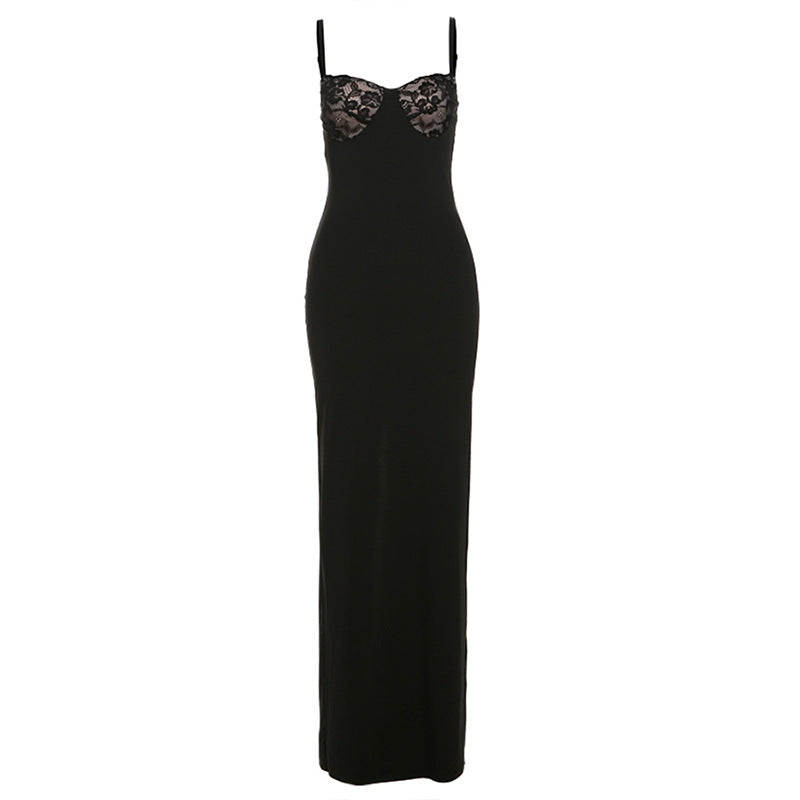 Women's French Style Temperament Lace Splicing Sling Long Dress Dresses