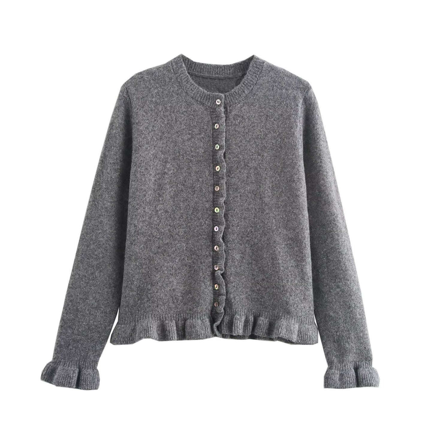 Women's Round Neck Wooden Ear Laminated Decoration Knitwear