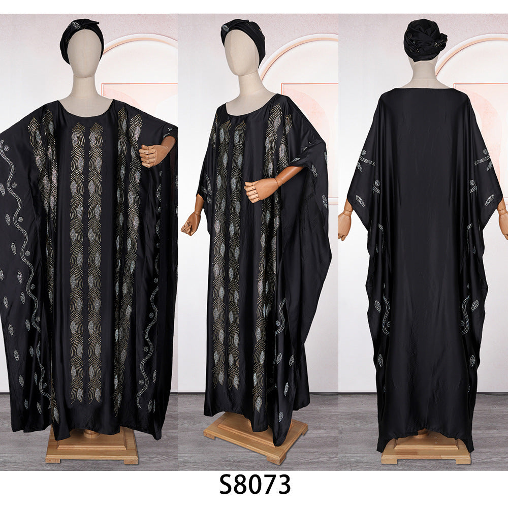 Women's African Wear Dress Rhinestone Silk Satin Batwing Sleeve Long Dresses