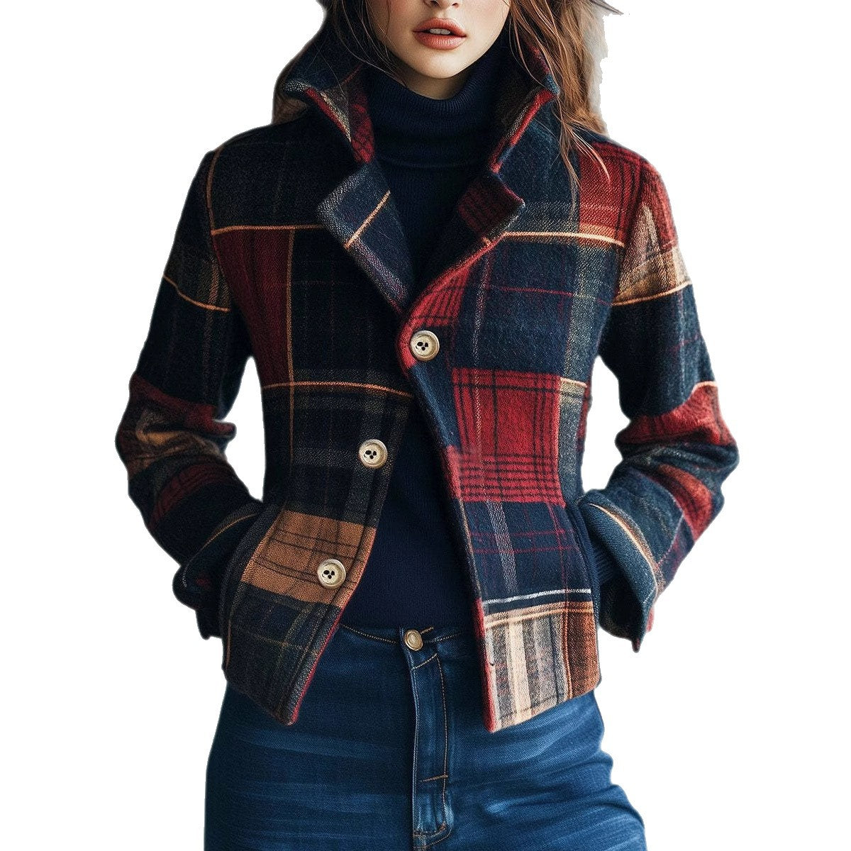 Women's Plaid Retro Warm Stand Collar Stitching Blazers
